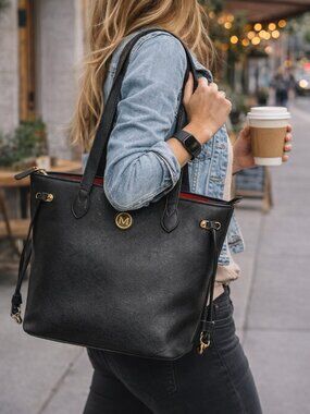 Merona Black Tote Bag Gold Hardware Red Interior Everyday Work Bag